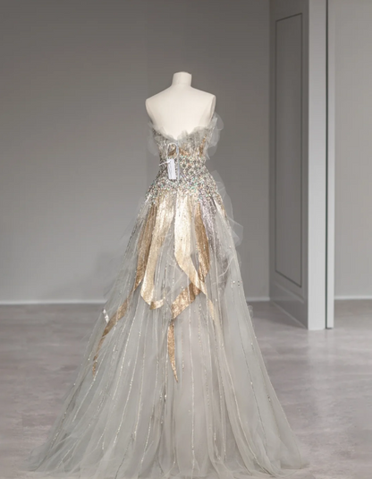 Star Grey Mysterious Elegant Beaded Gold and Silver Sequined Tulle Gor   PreppyDress