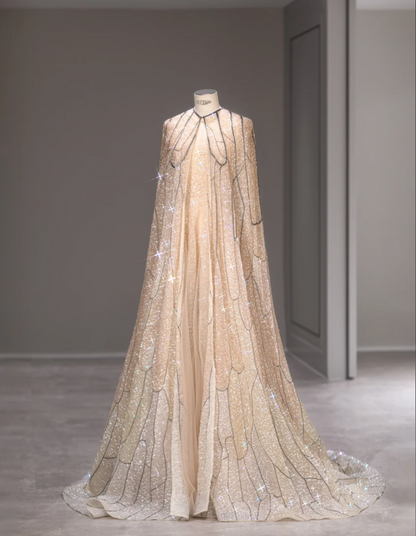 Sternenbesetztes Champagner Pailletten Cape Feen Hochzeitskleid P2882