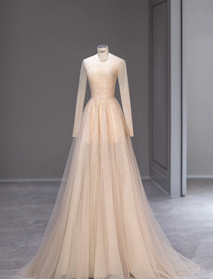 Sternenbesetztes Champagner Pailletten Cape Feen Hochzeitskleid P2882