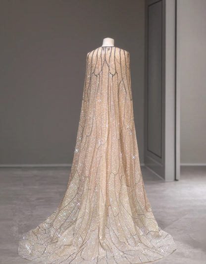 Sternenbesetztes Champagner Pailletten Cape Feen Hochzeitskleid P2882