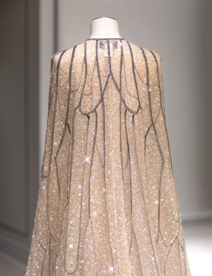 Sternenbesetztes Champagner Pailletten Cape Feen Hochzeitskleid P2882