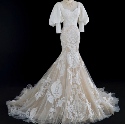 Französisches Retro-Palast-Hochzeitskleid mit weißen Perlen und Spitze, prinzessinnenhaft, traumhaft, bodenlang P2883