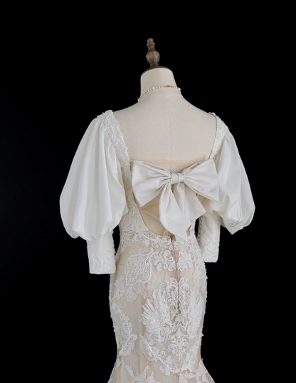 Französisches Retro-Palast-Hochzeitskleid mit weißen Perlen und Spitze, prinzessinnenhaft, traumhaft, bodenlang P2883