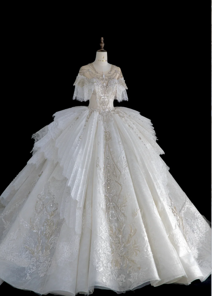 Französische Palast-Spitze Perlen Prinzessin Bodenlanges Hochzeitskleid P2884