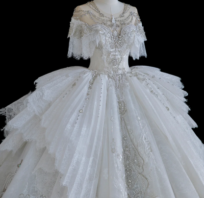 Französische Palast-Spitze Perlen Prinzessin Bodenlanges Hochzeitskleid P2884