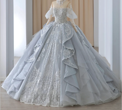 Französisch Blau Pailletten Perlen Off-Shoulder Prinzessin Tüll A-Linie Bodenlanges Hochzeitskleid P2886