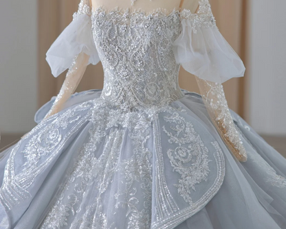 Französisch Blau Pailletten Perlen Off-Shoulder Prinzessin Tüll A-Linie Bodenlanges Hochzeitskleid P2886