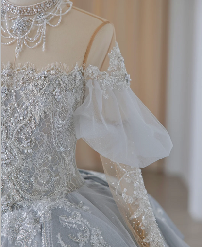 French Blue Sequin Beaded Off-the-shoulder Princess Tulle A-line Floor PreppyDress French Blue Sequin Beaded Off-the-shoulder Princess Tulle A-line Floor PreppyDress