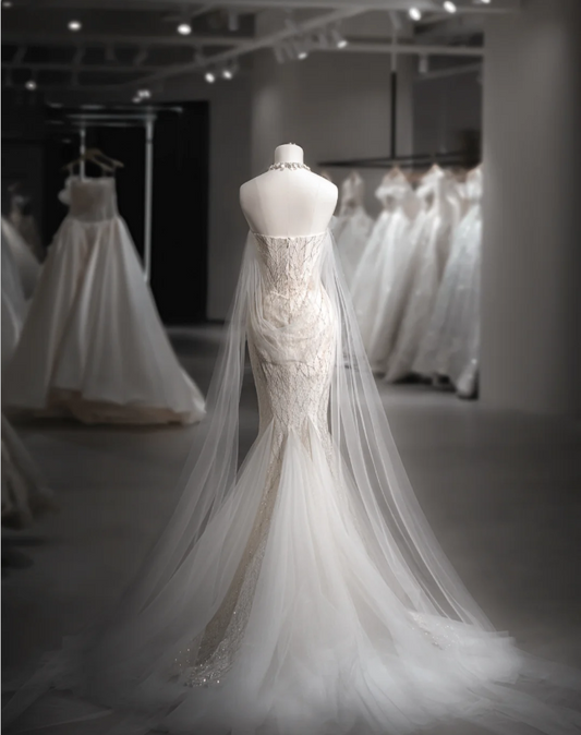 Shiny Mermaid Slim Tulle Sleeve Lace Wedding Dress P2889