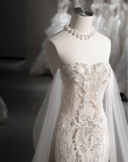 Shiny Mermaid Slim Tulle Sleeve Lace Wedding Dress P2889