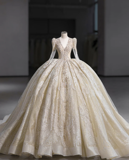 Wunderschönes, goldenes Brautkleid mit V-Ausschnitt, gepolsterten Schultern, langen Ärmeln, Spitzen-Totem, aufgenähten Kristallperlen und flauschigem, bodenlangem Design P2892