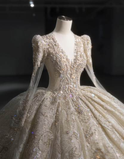 Wunderschönes, goldenes Brautkleid mit V-Ausschnitt, gepolsterten Schultern, langen Ärmeln, Spitzen-Totem, aufgenähten Kristallperlen und flauschigem, bodenlangem Design P2892