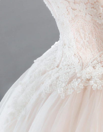 Cute Barbie light pink lace tulle waist bow A-line wedding dress P2896   PreppyDress