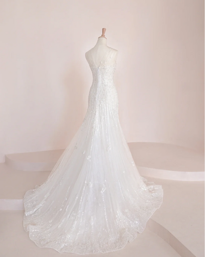 Elegant Temperament Strapless Mermaid Slim Fit Sequin Beaded White Wedding Dress P2897