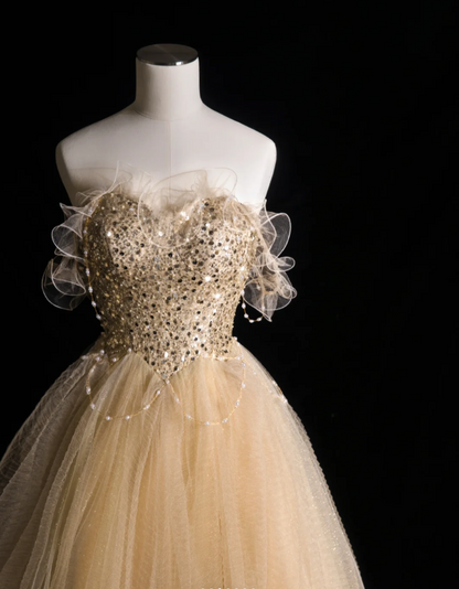 Gold Glitter Strapless Sequined A-Line Tulle Floor-Length Wedding Dres   PreppyDress