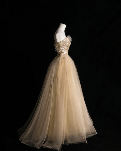 Gold Glitzer Trägerloses Pailletten A-Linien Tüll Bodenlanges Brautkleid P2898