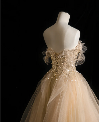 Gold Glitzer Trägerloses Pailletten A-Linien Tüll Bodenlanges Brautkleid P2898
