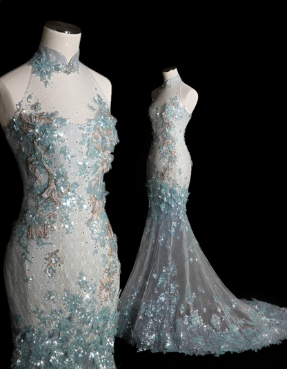 Elegantes blaues Meerjungfrau-Brautkleid mit Pailletten und Perlen P2899