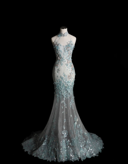 Elegantes blaues Meerjungfrau-Brautkleid mit Pailletten und Perlen P2899