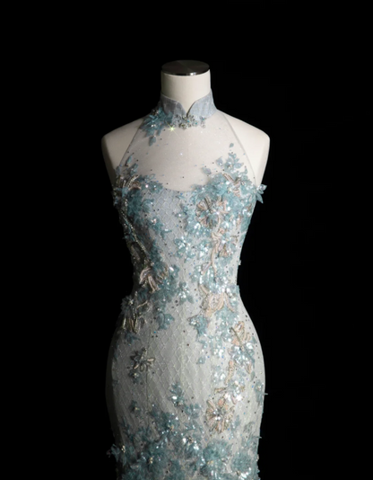 Elegantes blaues Meerjungfrau-Brautkleid mit Pailletten und Perlen P2899