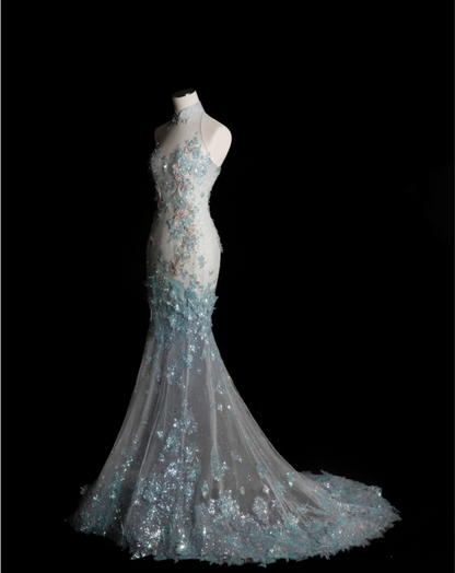 Elegantes blaues Meerjungfrau-Brautkleid mit Pailletten und Perlen P2899