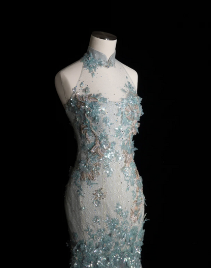 Elegantes blaues Meerjungfrau-Brautkleid mit Pailletten und Perlen P2899