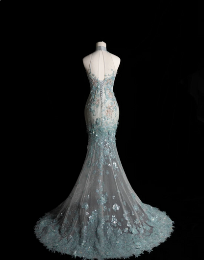 Elegantes blaues Meerjungfrau-Brautkleid mit Pailletten und Perlen P2899