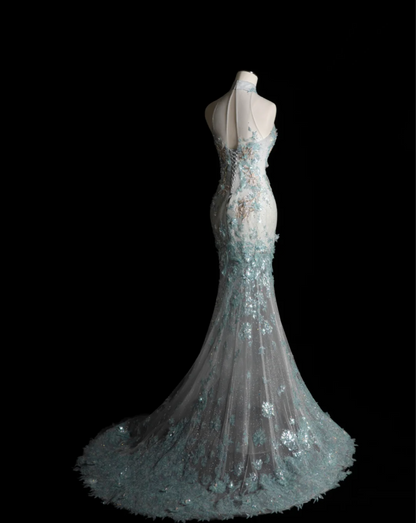 Elegantes blaues Meerjungfrau-Brautkleid mit Pailletten und Perlen P2899