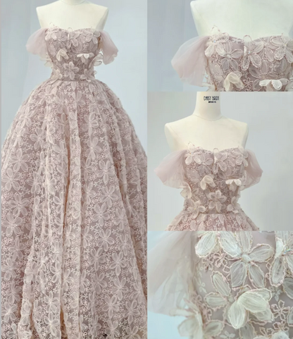 Prinzessin Rosafarbenes One-Shoulder Brautkleid im A-Linien-Schnitt mit Spitze und Blumenmuster P2904