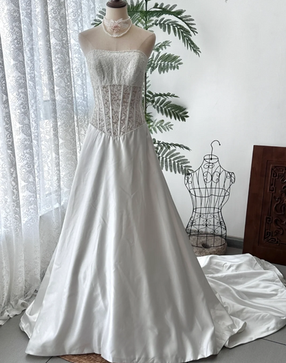 Retro Tube-Top-Kleid mit Taillenlace, Fischgrätenmuster, freiem Satinschleppe, Hochzeitskleid P2906