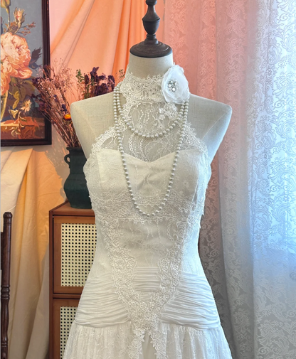 Vintage-Brautkleid P2908, weiß, hochgeschlossen, schulterfrei, Taille, Spitze