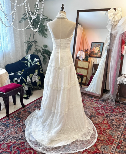 Vintage-Brautkleid P2908, weiß, hochgeschlossen, schulterfrei, Taille, Spitze