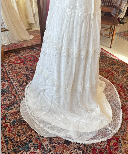 Vintage-Brautkleid P2908, weiß, hochgeschlossen, schulterfrei, Taille, Spitze