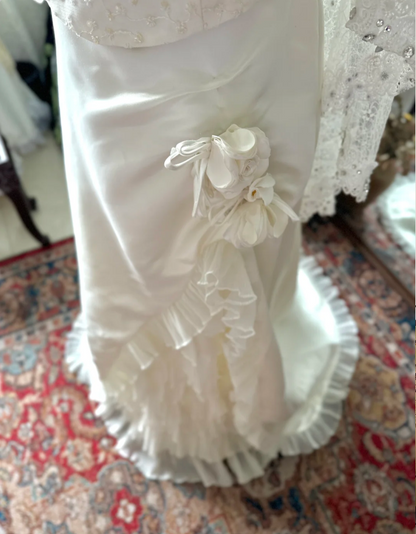 Vintage zipper sling beaded wave organza high slit small train satin w –  PreppyDress
