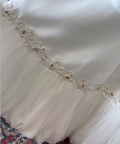 Vintage Weißes Tube Top Besticktes Wolken Tüll Bodenlanges Hochzeitskleid P2913
