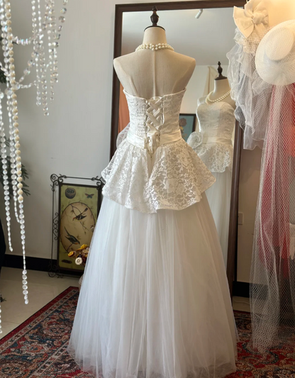 Elegantes, taillenlanges A-Linien-Hochzeitskleid P2916 mit Herz-Ausschnitt, Spitze und Tüll-Patchwork
