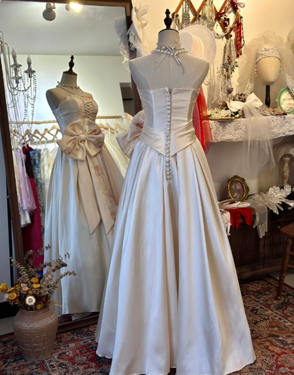 French style elegant sweetheart neckline pink waist bow tie floor-leng PreppyDress French style elegant sweetheart neckline pink waist bow tie floor-leng PreppyDress