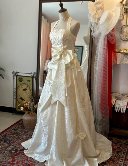 White Elegant Halter Neck Dark Pattern 3D Flower Satin Wedding Dress P   PreppyDress