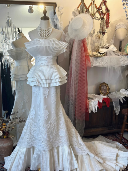 Design vase neck waist satin pleated beaded lace fishtail floor-length wedding dress P2934