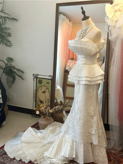 Design vase neck waist satin pleated beaded lace fishtail floor-length wedding dress P2934