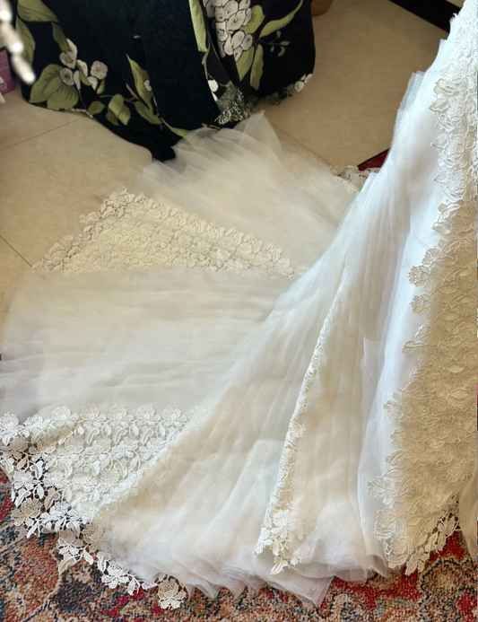 One-shoulder lace multi-layer tulle stitching strappy train wedding dress P2936