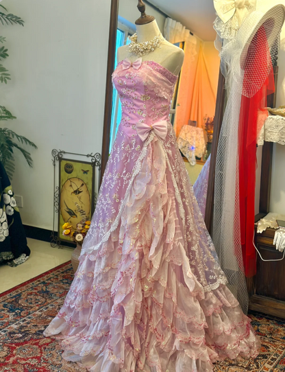Vintage Purple Strapless Floral Ruffles Floor-Length Wedding Dress P29   PreppyDress