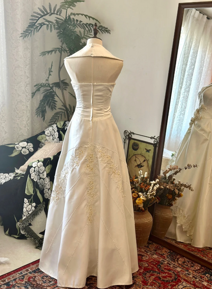 embroidered satin wedding dress A-Line Empire Sweep-Brush Train Lace Satin Wedding Dress COCOMELODY CW3095, 25 Days / Ivory / US12-UK14-EUR42 main image 1