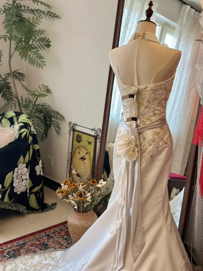 Vintage Thick Satin Embroidered Mermaid Sweetheart Neckline Wedding Dr