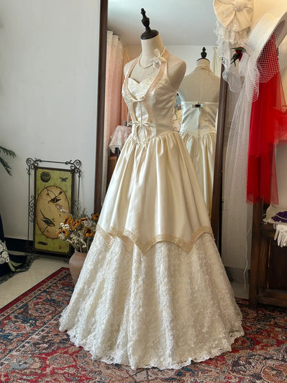 Special pink halter neck vintage satin and lace floor-length wedding d