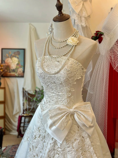 Princess Strapless Thick Satin Bowknot Hollow Design Back Tie Floor Length Wedding Dress P2950