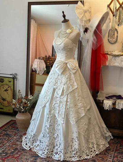 Princess Strapless Thick Satin Bowknot Hollow Design Back Tie Floor Length Wedding Dress P2950