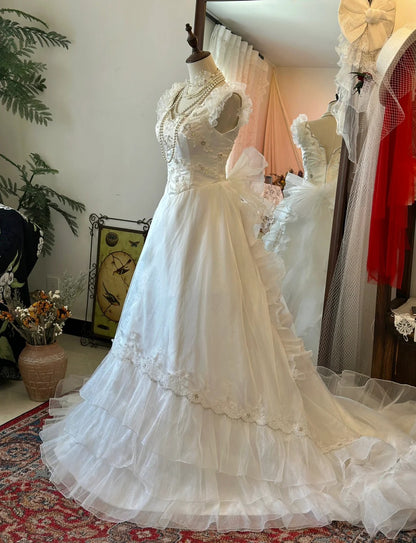 Schulterprinzessin Schleife Tüll Bodenlanges Hochzeitskleid P2951