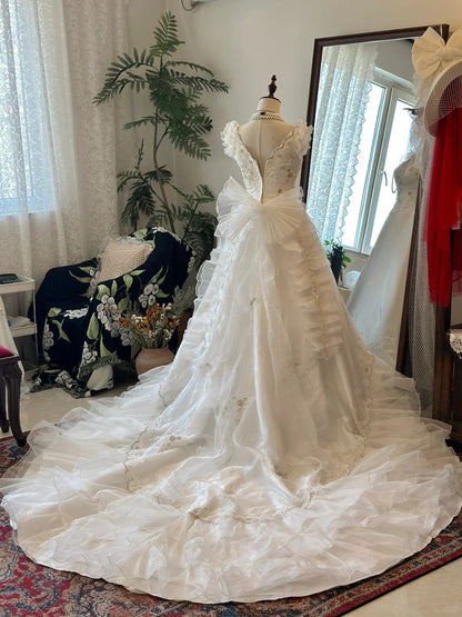 Schulterprinzessin Schleife Tüll Bodenlanges Hochzeitskleid P2951