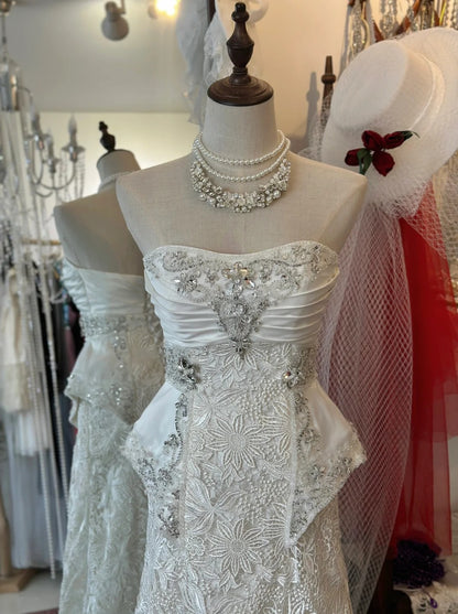 Vintage Heavy Beaded Large Lace Tube Top Wedding Dress with Train P295 Vintage Heavy Beaded Large Lace Tube Top Wedding Dress with Train P295